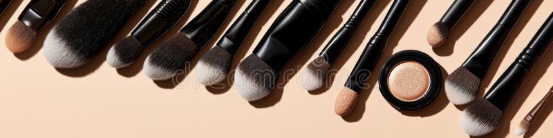 Brosses de maquillage et poudres sur la Pêche douce Fond Plat avec copie Espace Beauté Reste en vie illustration stock