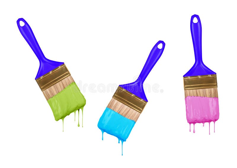 Brushes of dripping colored paint isolated on white background. Brushes of dripping colored paint isolated on white background