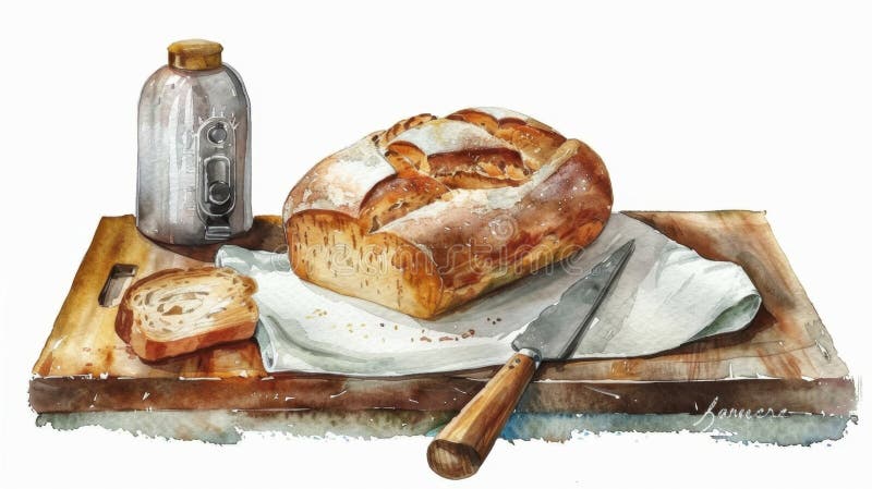 Brot Backmonat rustikale hausgemachte Brot und Milchflasche auf Holzbrett Stillleben vektor abbildung