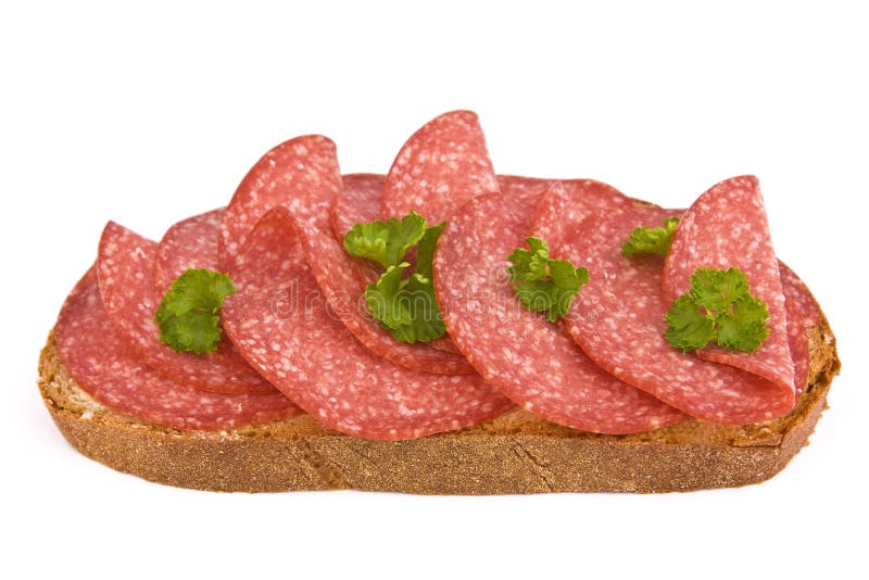 Brot mit Salami stockbild. Bild von zervelatwurst, getrennt 12732305