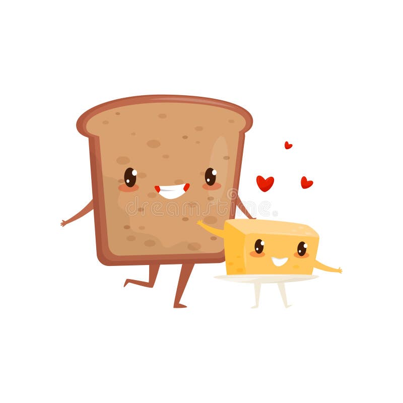 Brot und Butter sind Freunde für immer, nette lustige Nahrungsmittelzeichentrickfilm-figur-Vektor Illustration auf einem weißen H