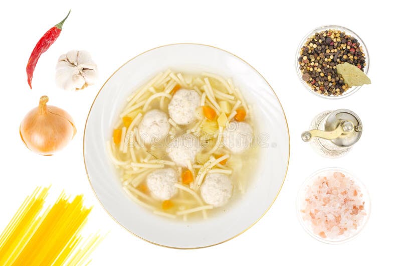Broth with noodles and meat balls photo studio fotografia stock libera da diritti