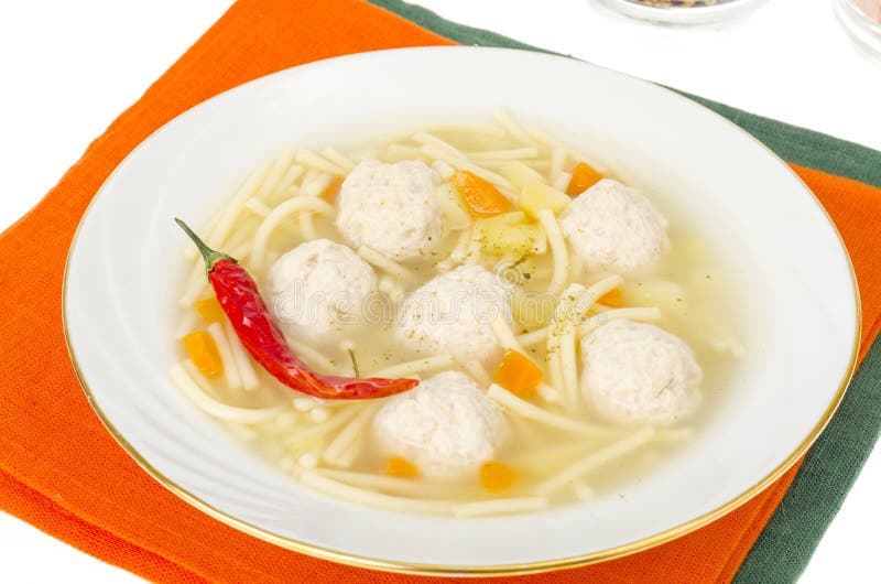 Broth with noodles and meat balls photo studio immagini stock libere da diritti