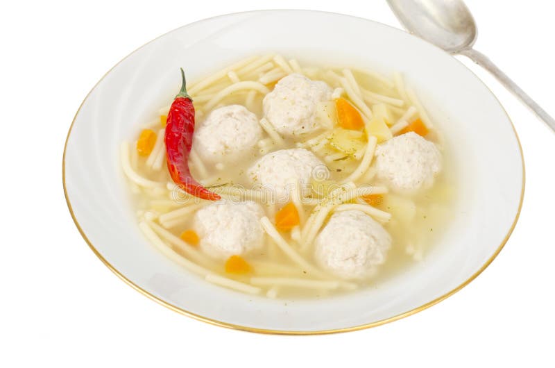 Broth with noodles and meat balls photo studio fotografia stock libera da diritti