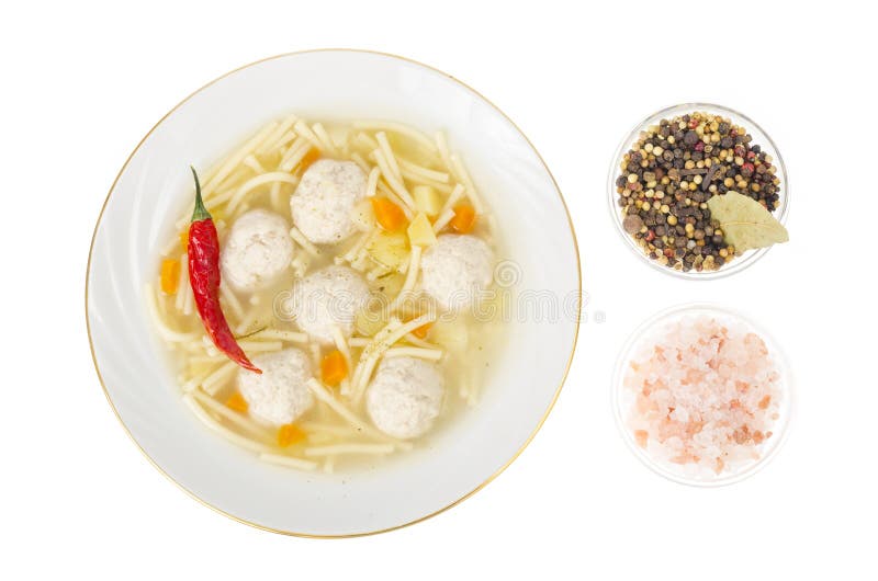 Broth with noodles and meat balls photo studio fotografia stock