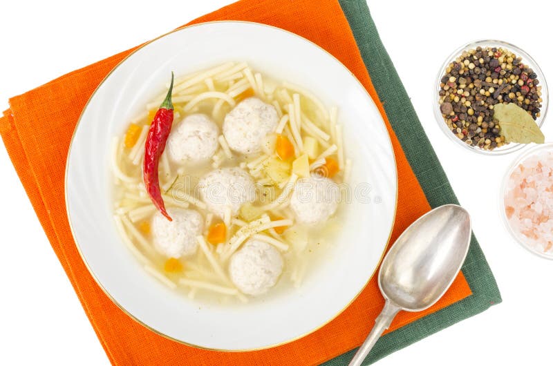 Broth with noodles and meat balls photo studio immagini stock libere da diritti