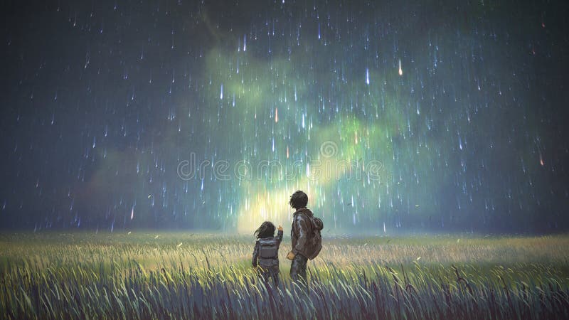Brother and Sister Looking at Beautiful Sky Stock Illustration -  Illustration of field, space: 164186474