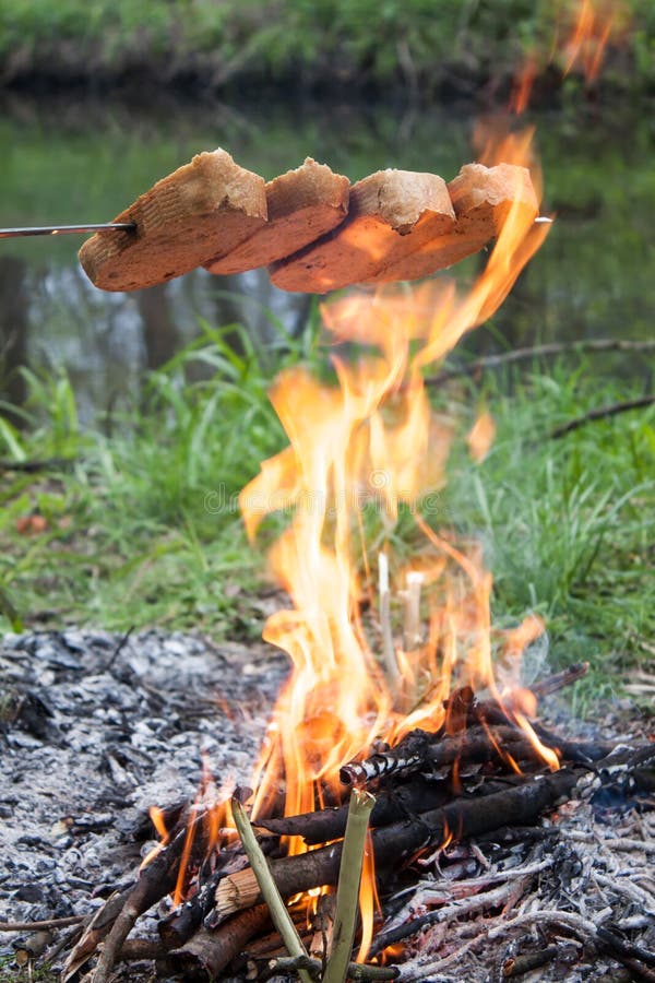 Brotröstung auf dem Feuer stockbild Brotröstung auf dem Feuer stockbild