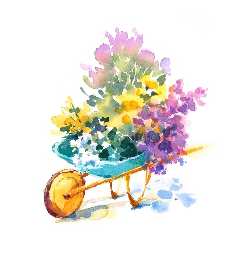 Brouette bleue de vintage avec l'illustration de jardin d'été d'aquarelle de fleurs peinte à la main