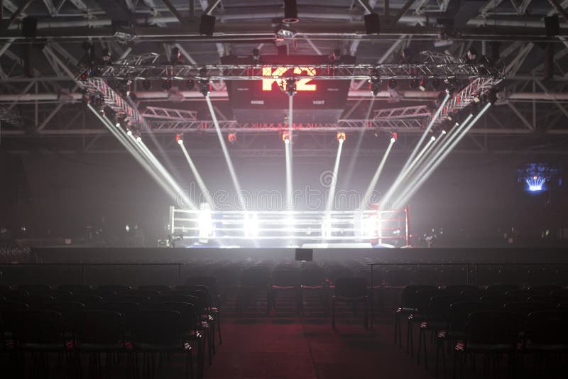 Brovary, Ukraine, 14.11.2015 Empty boxing ring in the light of searchlights