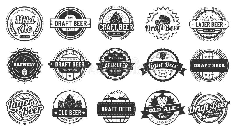 Browaru piwa odznaki Wykonuje ręcznie piwo emblematy, chmielu lager i pub ilustracji chmielowa odznaka odizolowywającego wektorow