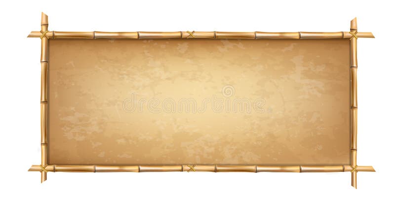 Wooden frame made of brown bamboo stems with higly detailed vintage paper blank or canvas. Worn parchment template, old grungy poster with space for text. Vector clip art isolated on white background. Wooden frame made of brown bamboo stems with higly detailed vintage paper blank or canvas. Worn parchment template, old grungy poster with space for text. Vector clip art isolated on white background.