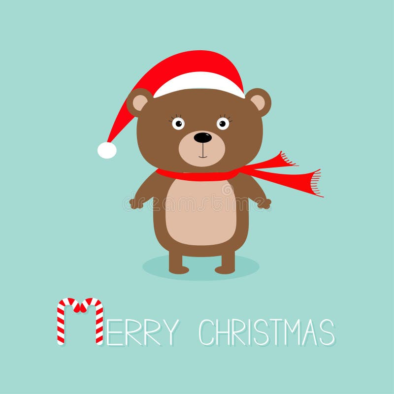 Brown bear in santa claus hat and scarf. Big eyes. Candy cane.