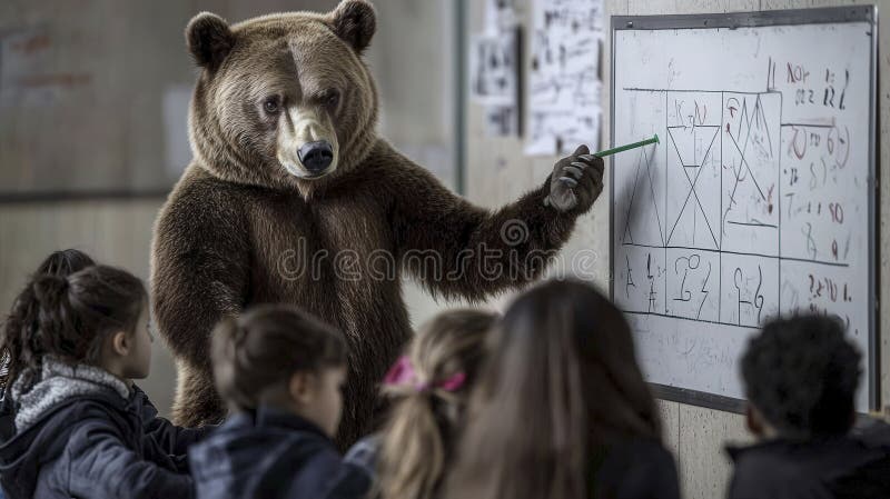 Brown bear teaches math to students in classroom educational setting humorous concept engaging learning environment vector illustration