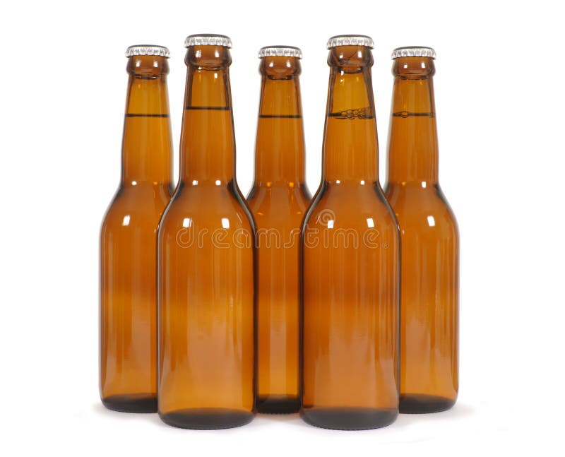 Row of brown beer bottles isolated on white background