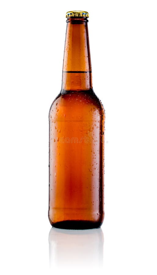 Brown bottle of beer with drops on white background