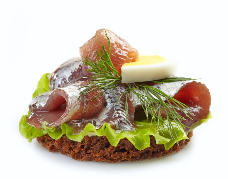 Brown Bread Canape with Anchovies Decorated with Red Onion and D Stock