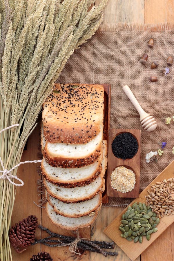 Brown Bread with Whole Grain Cereals of Sliced and Milk. Stock Image