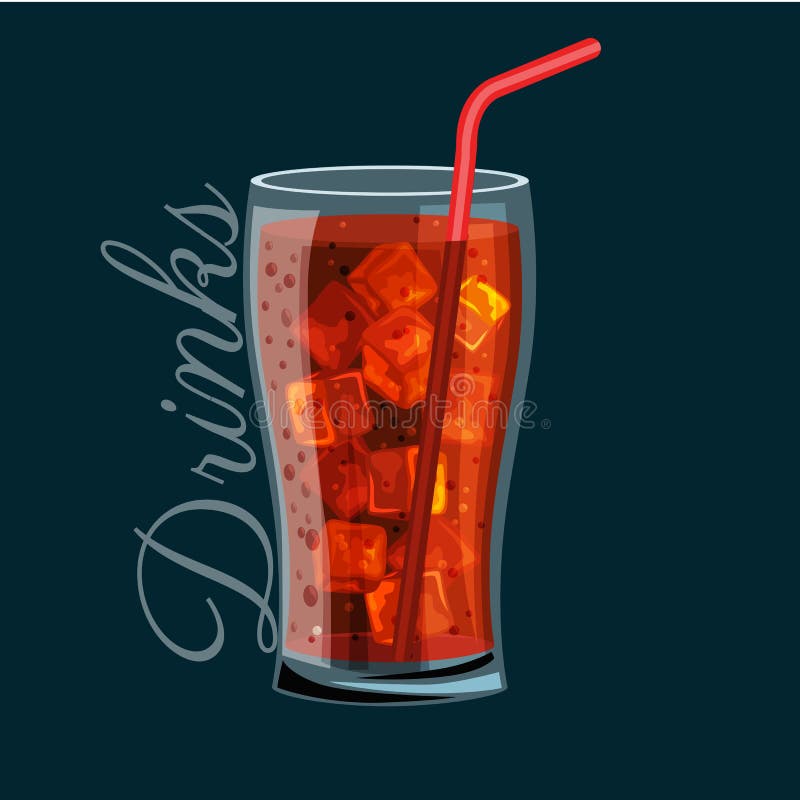 Brown carbonated soft drink in a glass, Does not contain alcohol, Cold with ice and a straw in a glass bowl Vector