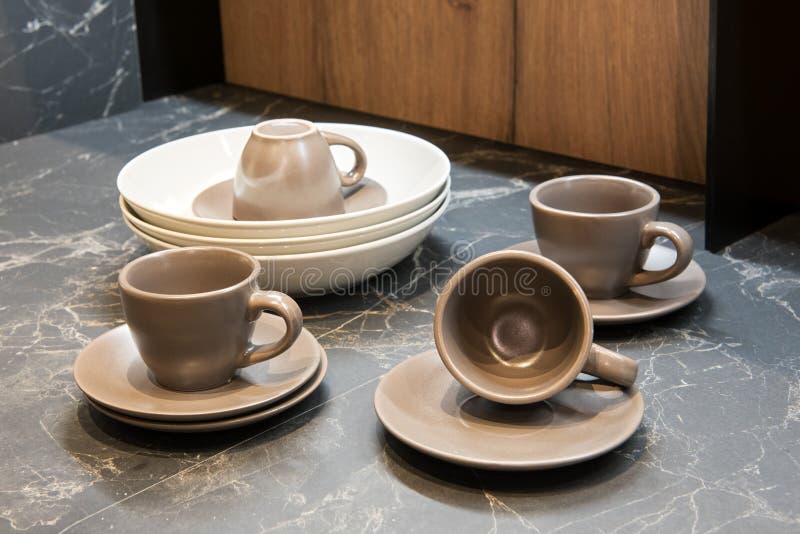 Brown Ceramic Coffee Cups and Saucers Stock Image Image of service