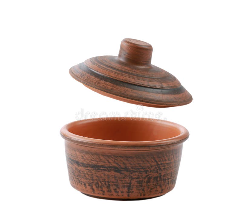Brown Ceramic Cooking Pot Pan with Open Cover Isolated.Kitchen Wear