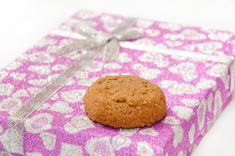 Brown Chocolate Cookie on the Pink Gift Box Stock Photo Image of