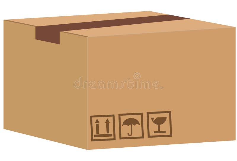 Brown closed carton delivery packaging box with fragile signs stock illustration