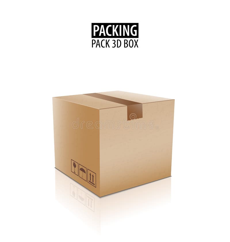 Brown closed carton delivery packaging box with fragile signs isolated on white background vector illustration. stock illustration