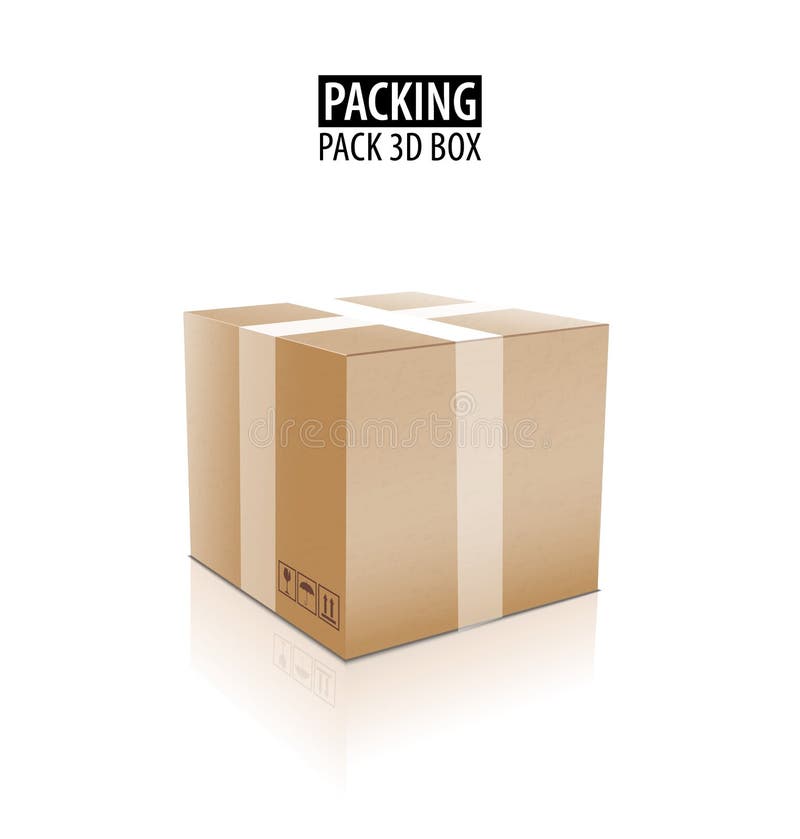Brown closed carton delivery packaging 3d box with fragile signs isolated on white background vector illustration. royalty free illustration