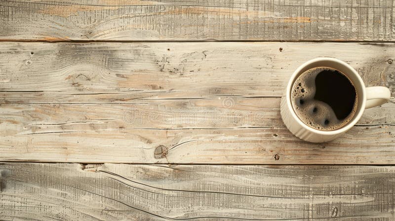 A solitary white coffee mug rests on a wooden table, casting a subtle shadow, inviting contemplation and the warmth of a stock illustration