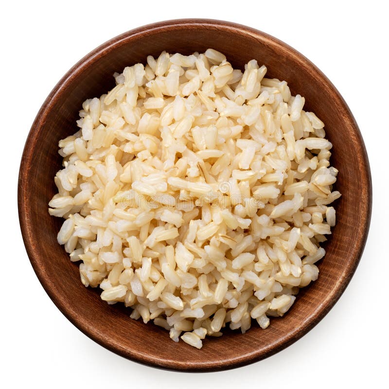 Brown Cooked Rice in a Brown Wood Bowl Isolated on White Stock Image