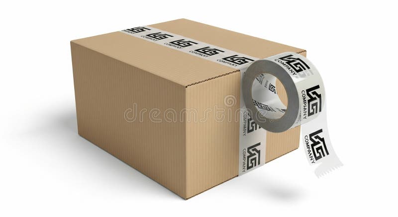 A clean, studio shot of a closed cardboard box, likely for shipping or storage. The box is sealed with a roll of clear packing tape featuring a repeating black logo and the word 'COMPANY'. The tape is partially unrolled, showcasing the branding. The image is isolated on a white background, highlighting the product and its packaging. This visual is ideal for concepts related to logistics, e-commerce, business shipping, and brand identity. Packaging tape logo illustrations