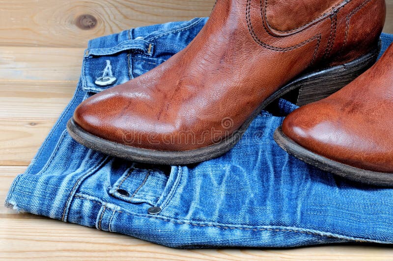 Brown Cowboy Boots on Blue Jeans Stock Photo Image of casual, ranch