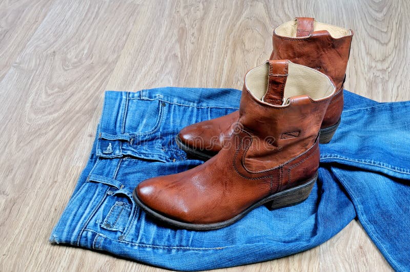 Brown Cowboy Boots on Blue Jeans Stock Image Image of america, boot
