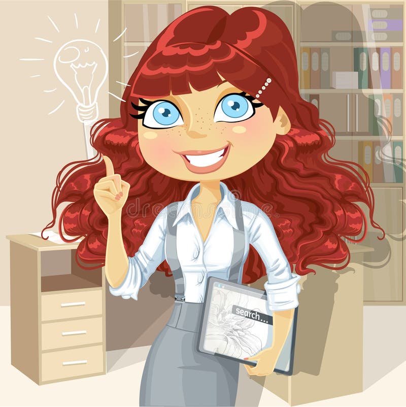 Brown curly hair girl with electronic tablet inspiration idea in office stock illustration