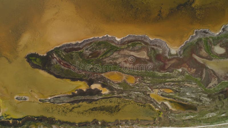 Brown dirty lake with patterned shore. Shot. Top view of patterned surface of marshy shores and musty brown acid lake royalty free stock photo Brown dirty lake with patterned shore. Shot. Top view of patterned surface of marshy shores and musty brown acid lake royalty free stock photo