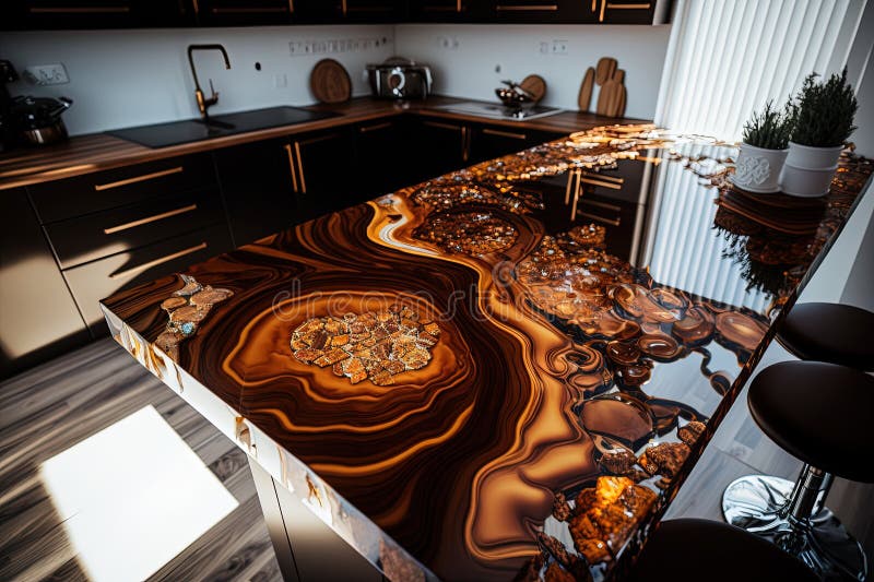 Brown Epoxy Resin Kitchen Countertops. Generative AI Stock Illustration
