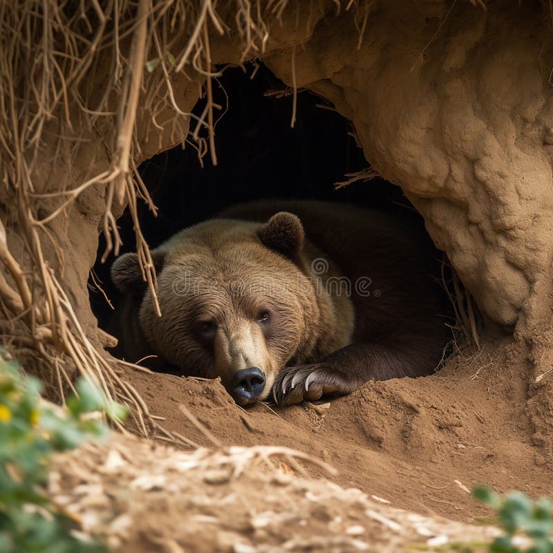 Brown Grizzly Bear Sleeping In A Small Cave Created Using Ai