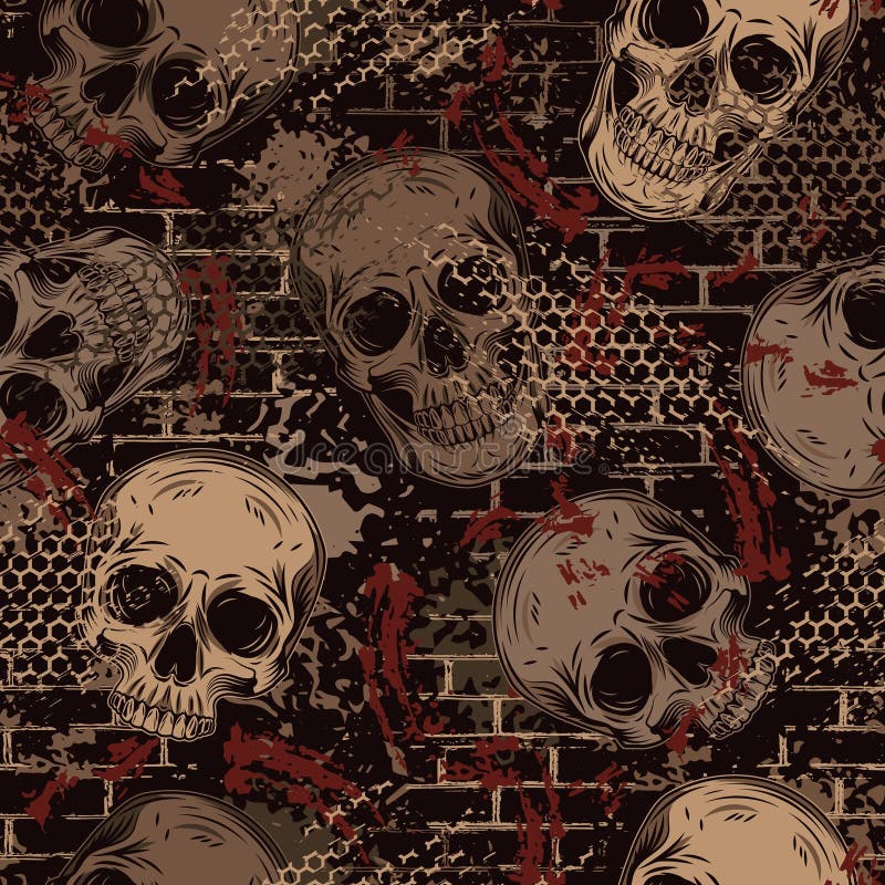 Brown grunge camouflage pattern with human skulls