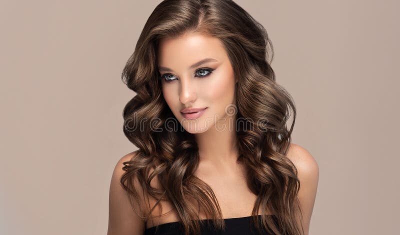 Brown Haired Woman Voluminous Shiny Curly Hairstyle Frizzy Hair Stock