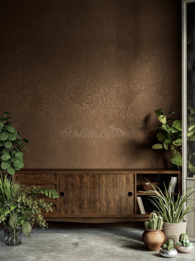 Brown interior with plants, dresser, stucco wall and decor.