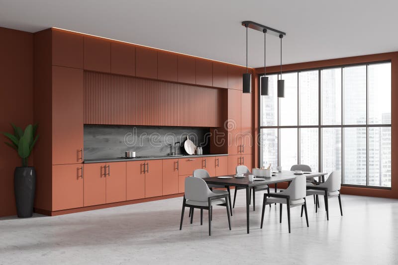 Brown Kitchen Interior with Eating Corner Near Panoramic Window Stock