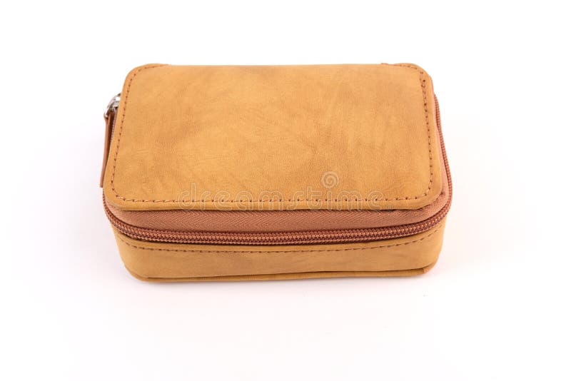 Brown leather case with a zipper, rectangular shape, on a white isolated background