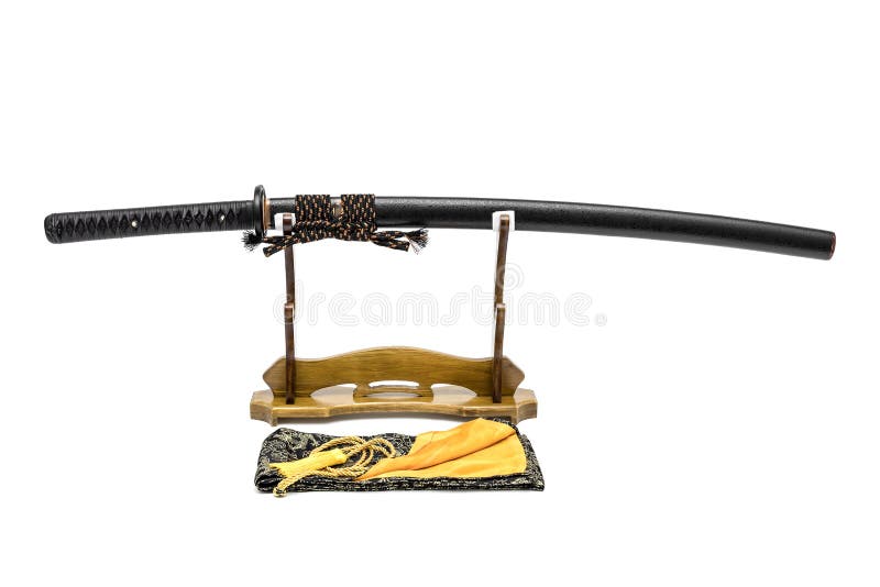 Brown leather cord Japanese sword with black scabbard on wooden stand and bag in front of, isolated in white background. stock image Brown leather cord Japanese sword with black scabbard on wooden stand and bag in front of, isolated in white background. stock image