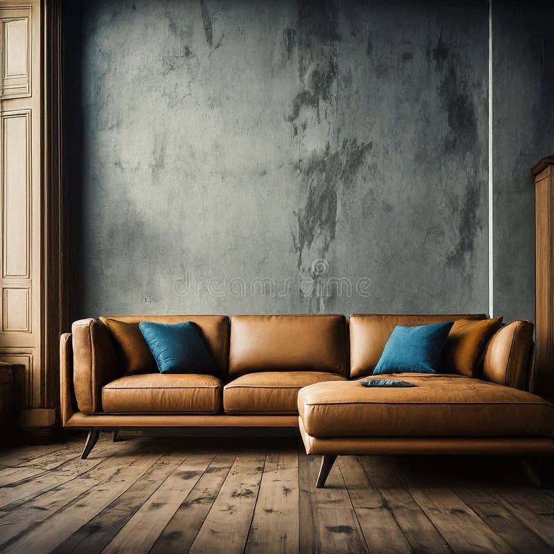 Brown Leather Couch with Blue Pillows and Remote Control on Wooden