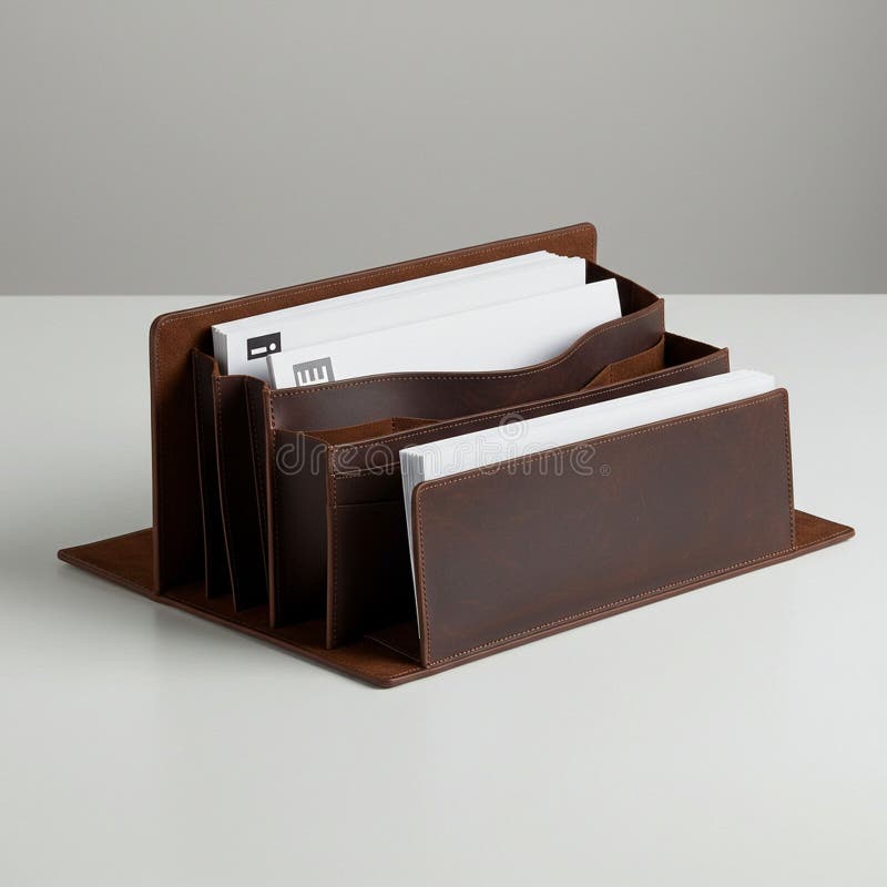 Brown leather desk organizer with multiple compartments holds various documents royalty free illustration