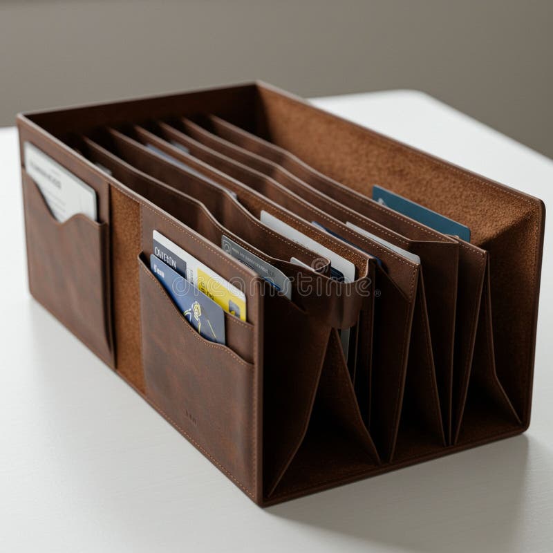 Brown leather file organizer with multiple compartments, holding various documents stock illustration