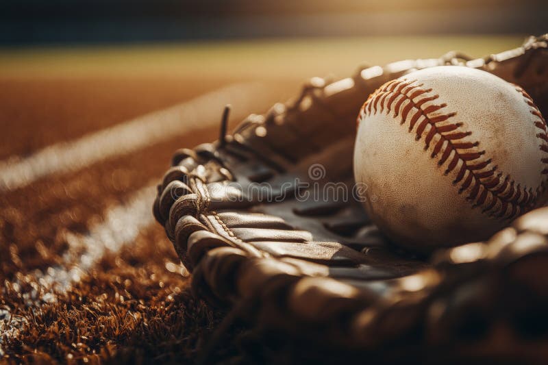 A brown leather glove and a classic baseball are resting on a field bathed in sunlight stock images