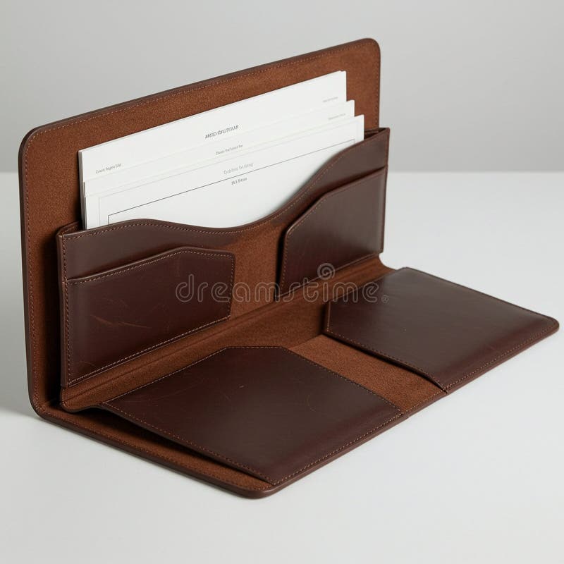 Brown leather portfolio folder, open with multiple pockets containing documents. Its vector illustration