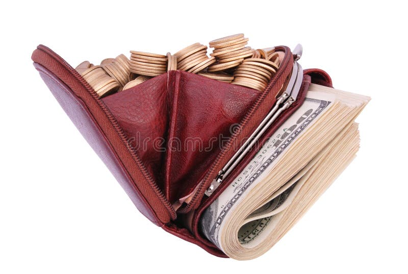 Brown leather purse full of coins and bank-paper. Isolated on a white background.